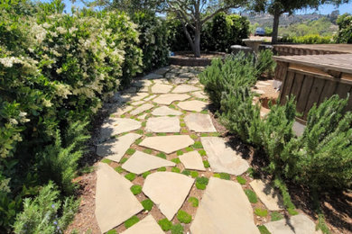 Photo of a large mediterranean partial sun and drought-tolerant side yard stone walkway in San Diego for summer.