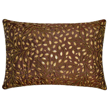 Brown Silk 12"x14" Lumbar Pillow Cover Beaded Embroidery - Kirrily
