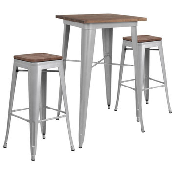 Flash 23.5" Square Silver Metal Bar Table Set/Wood Top and 2 Backless Stools