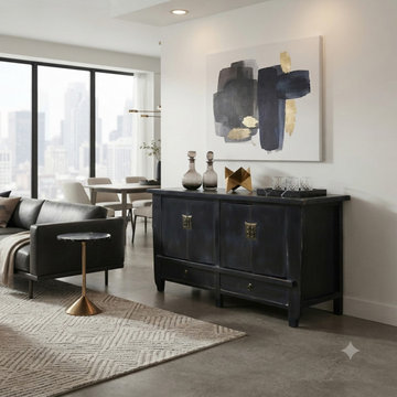 Vintage Distressed Black Hardware Credenza Console Sideboard Cabinet ws5083