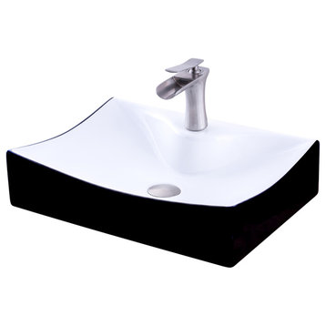 Rectangular Black/White Porcelain Vessel Sink and Faucet Set, Brushed Nickel