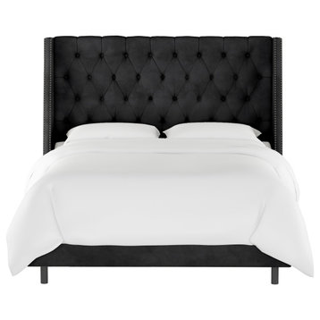 Williams King Nail Button Tufted Wingback Bed, Velvet Black