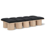 Meridian Furniture - Pavilion Black Boucle Fabric Bench, Black, Natural Finish, 77.5" W X 36" D X 17.5" H - Bring valuable seating and remarkable style to your space with this black Pavilion boucle fabric bench, an exquisite balance of style and usability for the entryway, bedroom, and beyond. Crafted from oak veneer with a natural finish, this bench has a 4-inch-thick seat cushion that's channel-tufted for a touch of luxury. The bench's columnar bases add a dash of art deco design, making it a captivating focal point in any room.