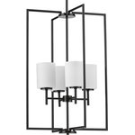 Progress Lighting - Replay Collection 4-Light Foyer Pendant, Black - Welcome guests with elegance and class as the Reply four-light pendant washes its soft glow over a foyer, dining table, or large kitchen island. The timeless, rectangular silhouette with a statement-making Black finish extends above and below the white, etched glass shades assembled at the fixture’s center, making it an excellent piece for transitional and modern settings.