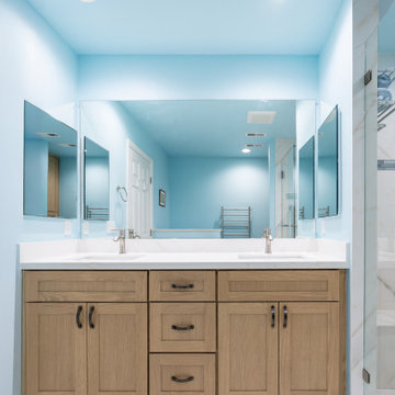 Coastal Modern Bathroom Remodel with Light Oak Vanity and Walk-In Glass Shower