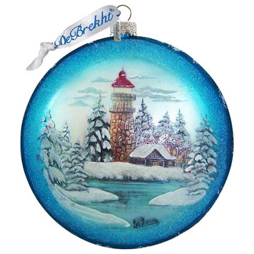Hand Painted Lighthouse Snowflake Glass Scenic Ornament