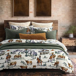 Paseo Road by HiEnd Accents - 3-Piece Ranch Life Reversible Comforter Set, Duffle Bag, Twin - Rope yourself a taste of the Wild West with our new Ranch Life Bedding Set. Building on the popularity of our best-selling quilt set, we’ve traded in the modern black-and-white of the original for vintage hues that capture the raw beauty of the old west and nature herself. Our familiar scenes—wrangling cowboys, grazing herds, and bustling wildlife—now come bathed in a comforting, nostalgic colorway that’s as inviting as a desert sunset. But hold your horses, there’s more: our new bedding set comes as both a durable comforter and a cozy duvet cover, promising an extra layer of warmth when the night rolls in and the coyotes start to howl. So, saddle up and drift off into sweet dreams under our Ranch Life Bedding Set, the perfect companion for those seeking comfort with a touch of frontier charm.