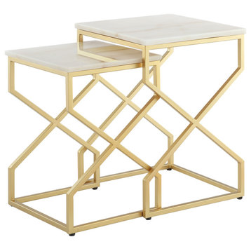 2-Piece Inspired Home Araya End Table, Square Marble/Stackable, Gold