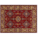 Bareens Designer Rugs - Southwestern Kazak Strain Red/Beige Wool Rug - 5'8'' x 7'9'' - Embellish your home with this exquisitely hand-knotted Kazak Rug made with the finest hand spun wool and all vegetable dyes. Demonstrating incredible attention to detail, this hand-knotted masterpiece features an intricate Kazak pattern in a classic color palette. Made in the Caucasian designs from Russia and the northern Persian empire, each Kazak incorporates distinctive tribal flavor with elements such as the stepped hooted polygons, geometrical medallions, animals and rosettes. The straight, clean lines and bold tones embody the weaving style of the Armenian and Afghani weavers known for these iconic designs. This magnificent rug featuring soft luscious pile and is made with handspun wool and natural dyes to produces soft luminous shades causing a beautiful sheen. With geometric designs and bold vibrant saturated colors predominately blues, reds, greens, and gold make a bold statement in any decor. The construction technique used ensures that the designs and colors Ae capable to withstand heavy traffic area.