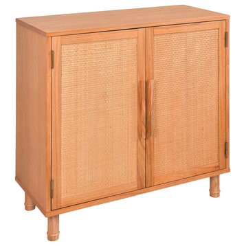 Retro Modern Storage Cabinet, Wood Construction With Natural Woven Rattan Doors