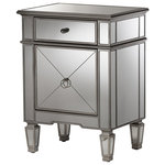 Baxton Studio - Claudia Hollywood Regency Glamour Style Mirrored Nightstand - Featuring Hollywood glamour style, the Claudia mirrored nightstand has a silver lacquered edge and mirrored panels with crosshatch details. The Claudia will add light, sparkle and luxury to your bedroom as well as space for storing your personal items. Constructed of MDF and encased with mirror, the Claudia features one drawer and one door with nickel drawer pull and ring. The attached mirrored feet with silver edge elevates the height of the Claudia to go with your bed height. Made in China, the Claudia will arrive fully-assembled.