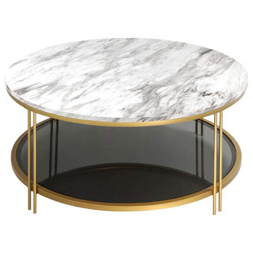 Elegant Coffee Table, Round Faux Marble Top With Lower Glass Shelf, White/Gold