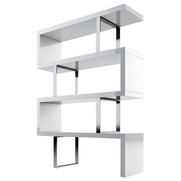 Benzara BM288144 Modern Bookshelf, 4 Tier Alternating S Shape, White and Chrome