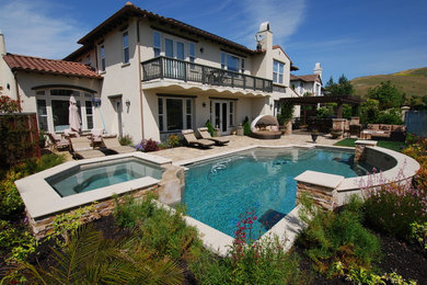 Large trendy backyard stone and custom-shaped hot tub photo in San Francisco