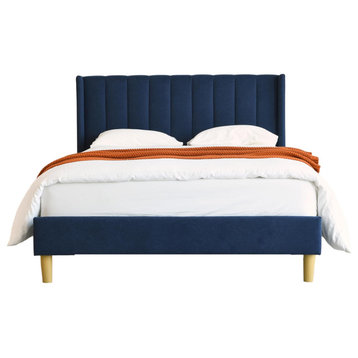 Modern Platform Bed, Flannel Upholstered Wingback Headboard, Navy Blue/King