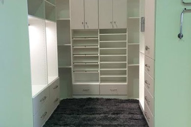 Inspiration for a medium sized traditional walk-in wardrobe for women in Dallas with beaded cabinets, white cabinets and carpet.