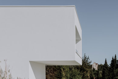 Inspiration pour une grande façade de maison minimaliste en stuc à trois étages et plus avec un toit plat et un toit en métal.