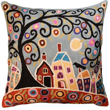 House Barn Birds & A Tree Karla Gerard Pillow Cover Handembroidered Wool, 18x18"