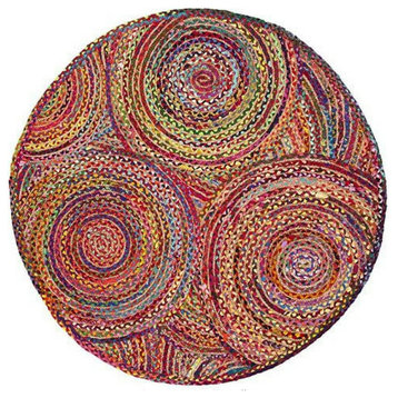 Unique Round Area Rug, Multicolor Braided Jute & Cotton With Circle Pattern, 8'
