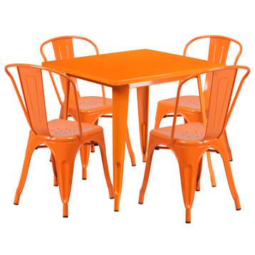 31.5'' Square Orange Metal Indoor-Outdoor Table Set With 4 Stack Chairs