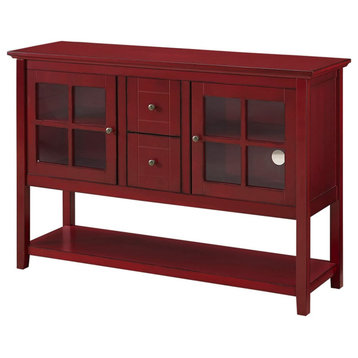 Traditional Console Table, Glass Doors & Drawers With Lower Shelf, Red