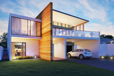 Photo of a large modern two-storey white exterior in Central Coast with mixed siding and a flat roof.