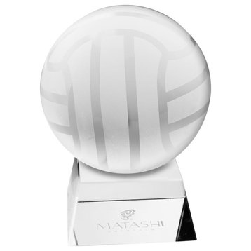 Crystal Paperweight with Etched Volley Ball Ornament and Trapezoid Base