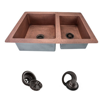 901 Offset Double Bowl Copper Sink, Strainer and Flange