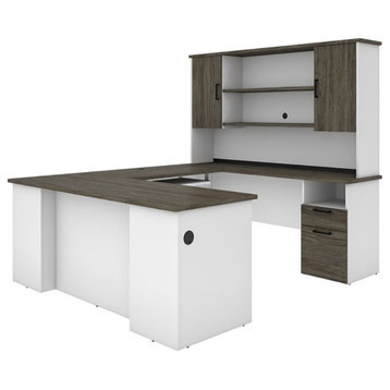 Atlin Designs Transitional Wood U Shaped Computer Desk with Hutch in Gray/White
