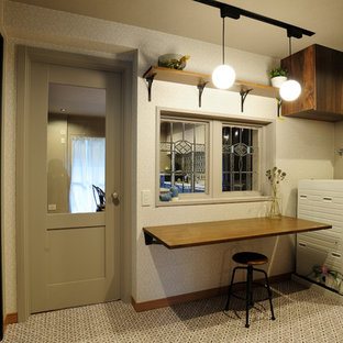 Design ideas for a world-inspired utility room in Tokyo Suburbs with white walls and multi-coloured floors.