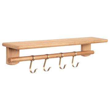 Alta Wall Shelf with Hooks, Natural 27x6x7