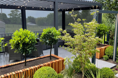 This is an example of a contemporary back pergola in Other with a wood fence.