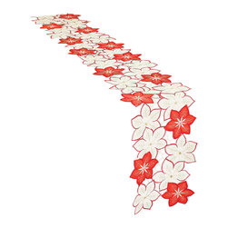 Xia Home Fashions - Candy Cane Poinsettia Embroidered Cutwork Mini Christmas Table Runner, 8''x62'' - Table Runners