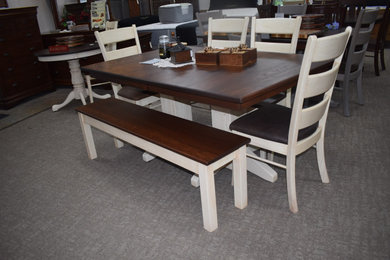 Hand planed Oak Mission table with bench and Ladderback chairs