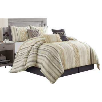 Samara 7 Piece Comforter Bedding Set, Beige/Ivory, Beige/Ivory, Queen