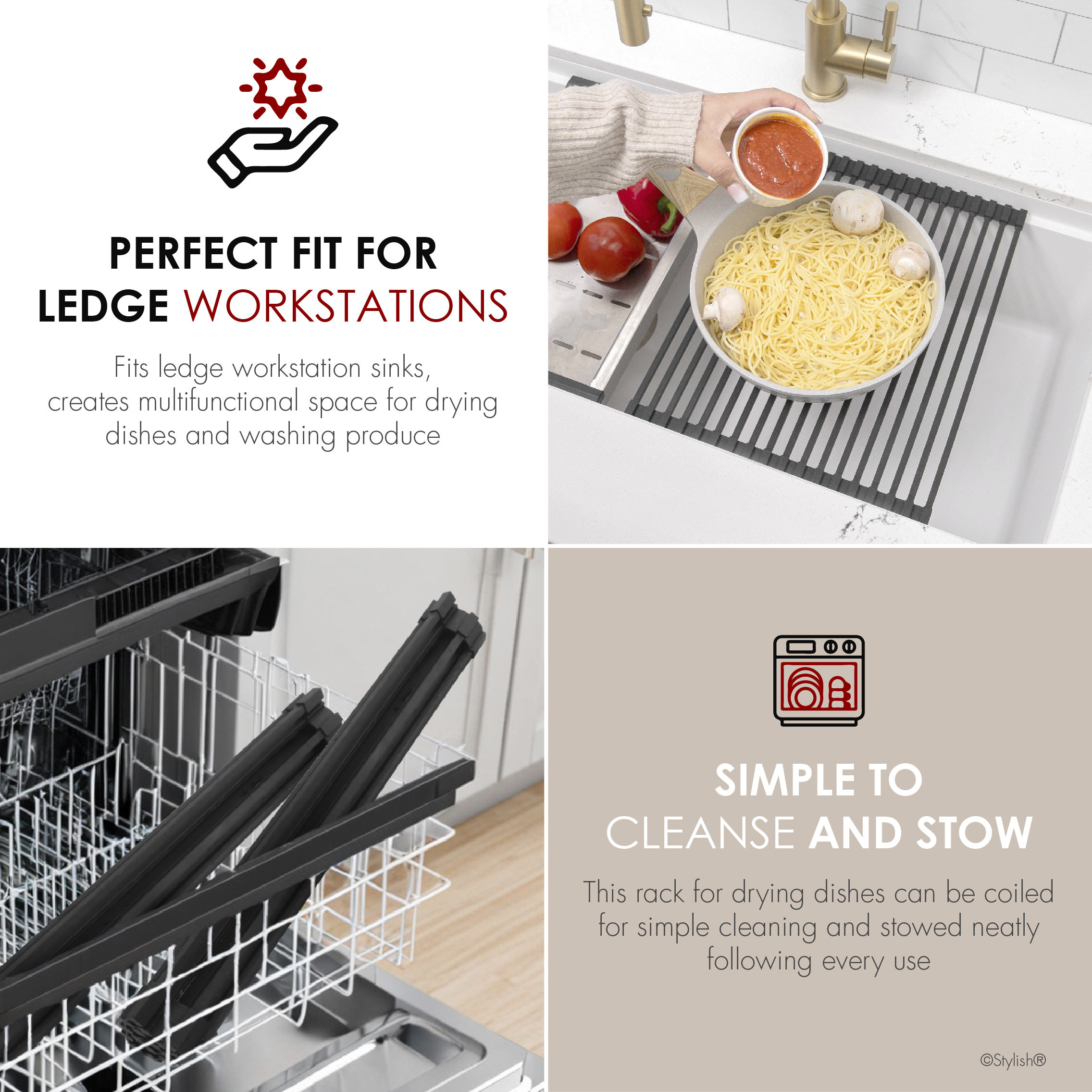 STYLISH 15 1/4" Black Workstation Sink Roll-up Drying Rack/Trivet