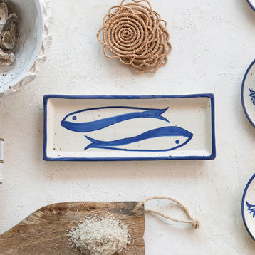 Rectangular Stoneware Bowl with Fish Design, White and Blue