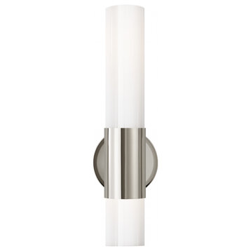 Penz Bathroom Wall Sconce, 2-Light Cylindrical,  Nickel, White Glass, 15"H