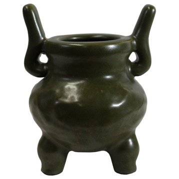 Chinese Handmade Dark Olive Army Green Ceramic Accent Ding Holder Hws323