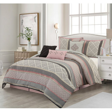 Tefia 7 Piece Comforter Set, Pink/Grey, King