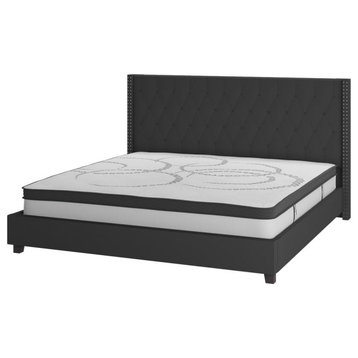 Riverdale King Size Tufted Upholstered Platform Bed in Black Fabric with 10...