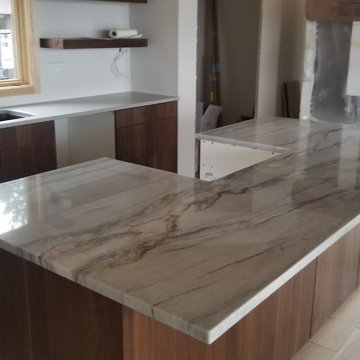 "Fantasy Macaubas" Quartzite & "Ceniza" Quartz Kitchen Countertops