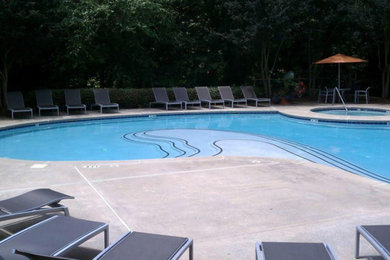 Inspiration for a mid-sized transitional backyard custom-shaped pool in Atlanta with concrete slab.