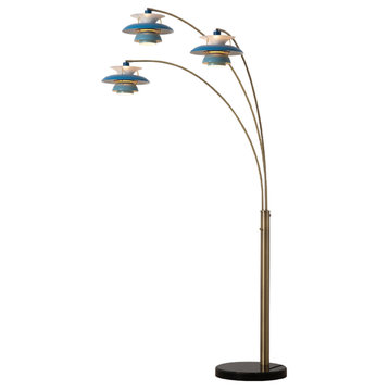 Palm Springs 3 Light Arc Floor Lamp - 84", Weathered Brass and Blue tonal shades