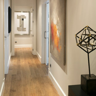 Exempel på en mellanstor klassisk hall, med vita väggar och mellanmörkt trägolv
