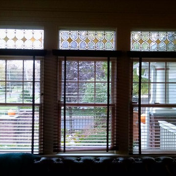 Family Room with original stained glass transoms