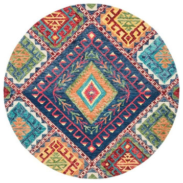 Bohemian Area Rug, Tribal Geometric Diamonds Patterned Wool, Multi, 7' Round
