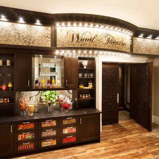 Medium sized classic home cinema in Salt Lake City with light hardwood flooring and brown floors.