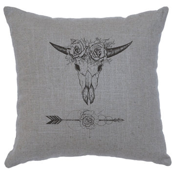Image Pillow 16x16 Bull and Flowers Linen Gray