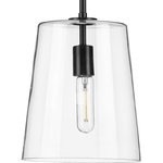 Progress Lighting - Clarion Collection Black 1-Light Small Pendant - Who says you have to sacrifice forms for function? This versatile pendant features a simple, clear glass shade that embraces minimalist modernity and functional task lighting. The glass shade rests at the end of a sleek black bar that attaches to the ceiling. Each light fixture has a swivel at its base that makes it perfect for installing on flat or angled ceilings.